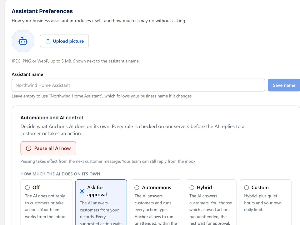 The Anchor settings page with team roles and automation mode