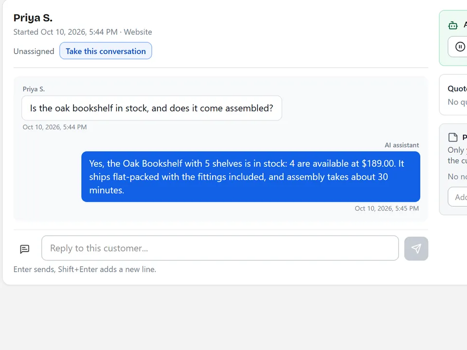 An answer with a source card pointing to a product record
