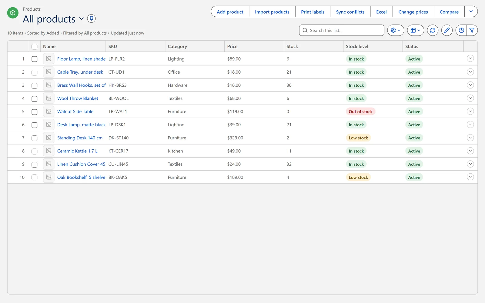 The Anchor product catalog with prices and stock levels