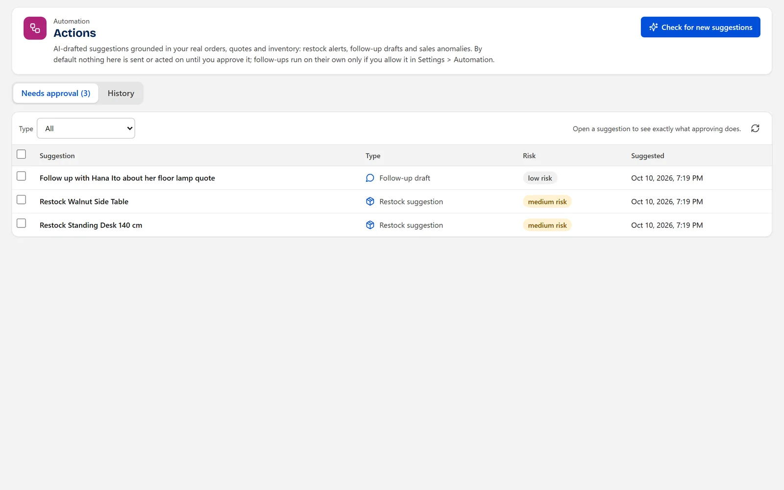 The Anchor actions queue with suggestions waiting for approval