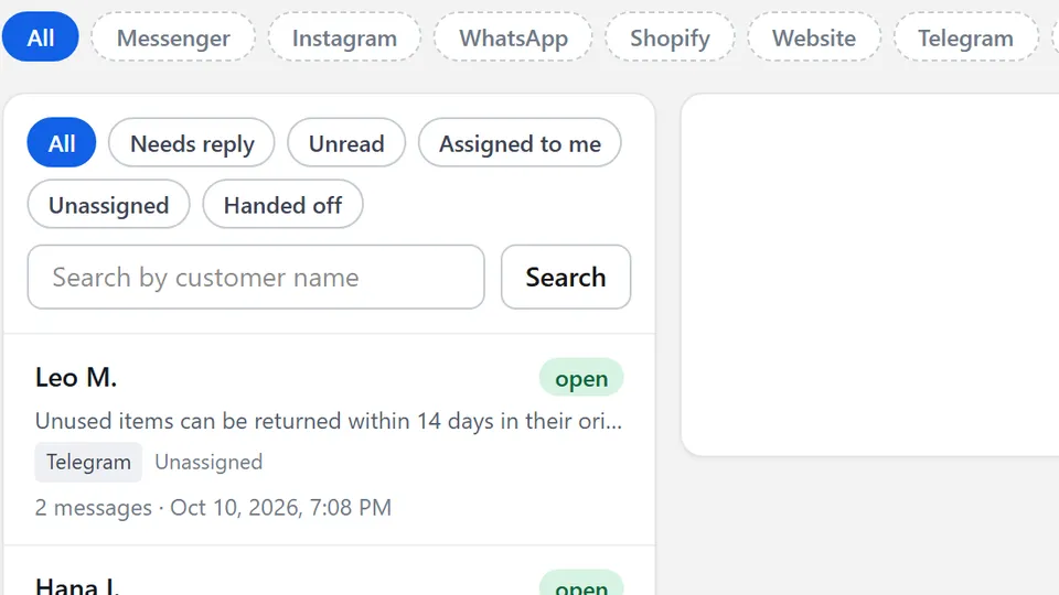 The shared inbox showing conversations that need a reply