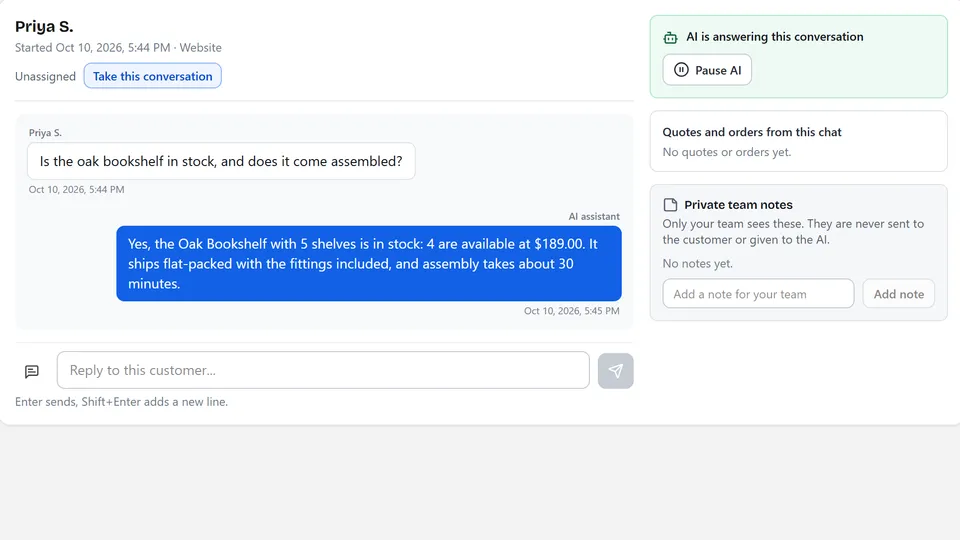 A product conversation with the answer and source card