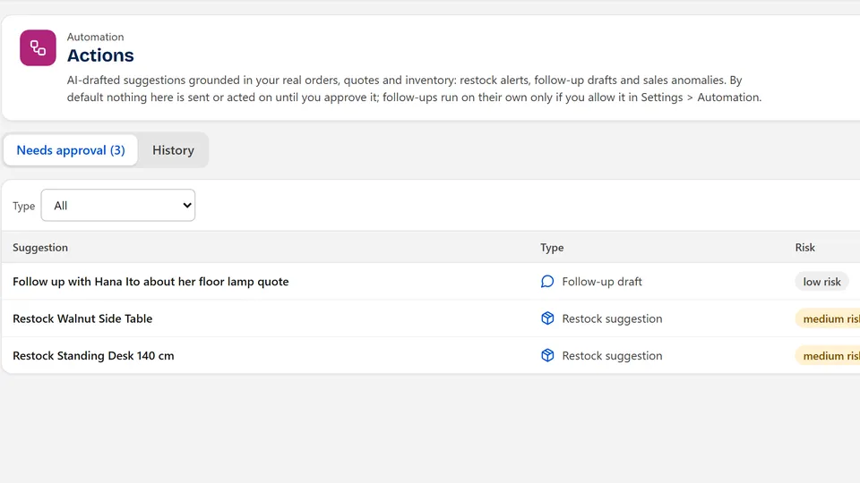 The actions queue with a restock suggestion waiting for approval