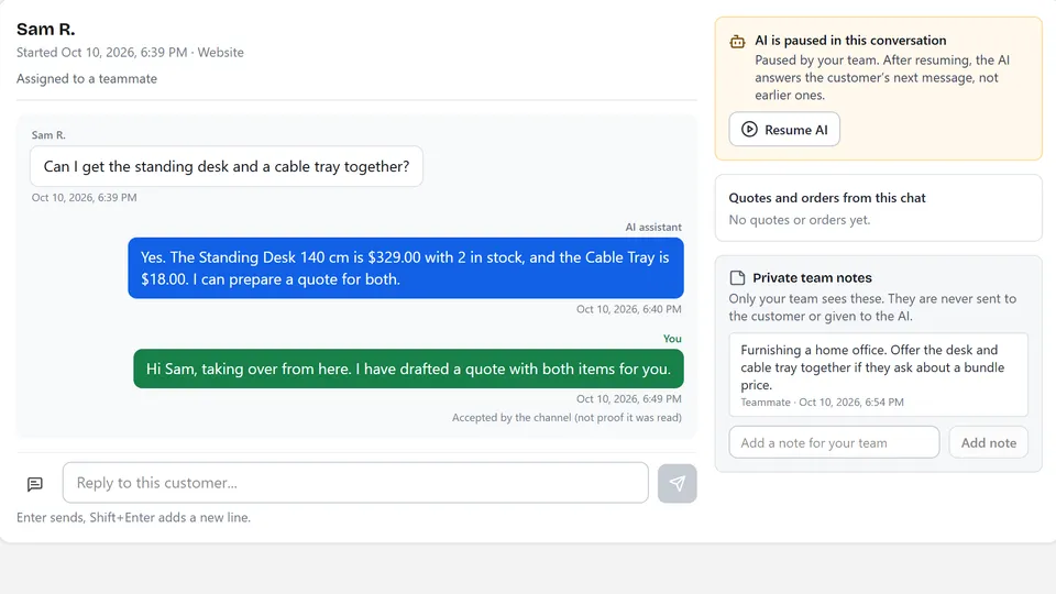 A conversation with an assigned owner and a private note